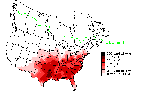 Winter range of Eastern Bluebird. From CBC.